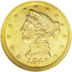 1846-D $5 MS62 NGC. Variety 14-I. The present lot is t 