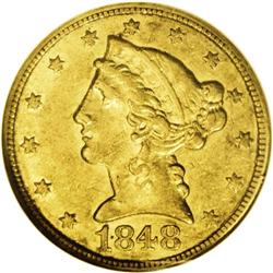 1848-C $5 AU55 NGC. Variety 11-E. Among Charlotte Mint 