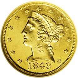 1849-C $5 MS60 NGC. Variety 13-F. A rare obverse die f 