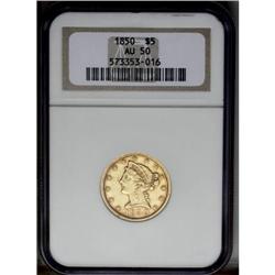 1850 $5 AU50 NGC. A well struck piece with antique-gol 