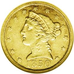 1850-C $5 AU53 NGC. Variety 15-F. This is an important 