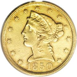 1850-D $5 Weak D XF45 PCGS. Variety 23-O. The mintmark 