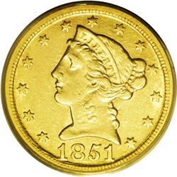 1851-D $5 AU55 PCGS. Variety 26-Q. The first 1 in the 