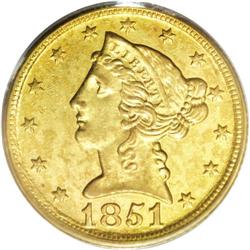 1851-D $5 Weak D AU58 PCGS. Variety 26-O. Although und 