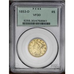 1853-D $5 Large D VF30 PCGS. Variety 29-U. Moderately 