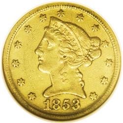 1853-D $5 Large D AU50 NGC. Variety 29-V. The left upr 