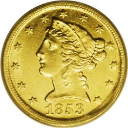 1853-D $5 Large D AU53 PCGS. Variety 29-V. Boldly impr 