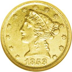 1853-D $5 Large D AU55 NGC. Variety 29-V. Typically we 