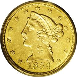 1854-C $5 Weak C AU58 PCGS. Variety 22-I. Although the 