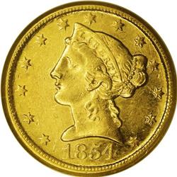 1854-D $5 Large D AU58 NGC. One of the more commonly e 