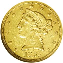 1855-C $5 AU53 NGC. Variety 23-J. Glimpses of golden-b 