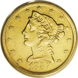 1857-D $5 XF45 PCGS. Variety 34-CC. This honey-gold Da 