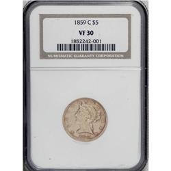 1859-C $5 VF30 NGC. Variety 27-M. A moderately worn da 