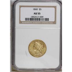 1860 $5 AU55 NGC. A pale straw-gold example, struck in 