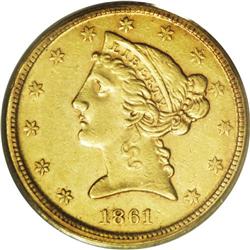 1861-D $5 AU53 PCGS. Variety 39-EE. The 1861-D is one 