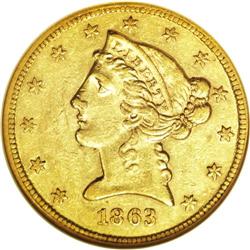 1863 $5 AU53 NGC. The 1863 is an exceptionally rare ha 