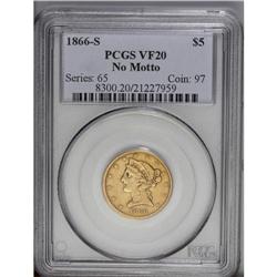 1866-S $5 No Motto VF20 PCGS. Just 9,000 No Motto half 