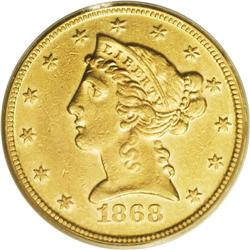 1868 $5 AU55 PCGS. This scarce, low mintage issue is u 