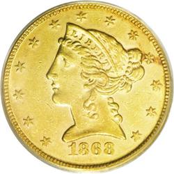 1868 $5 AU58 PCGS. A charming near-Mint State example 