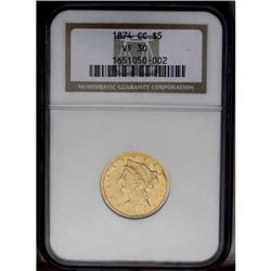 1874-CC $5 VF30 NGC. The moderate wear visible on this 