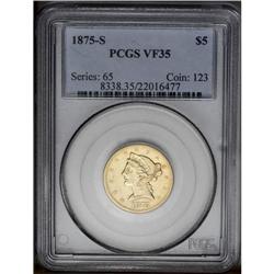 1875-S $5 VF35 PCGS. The moderate wear on this pale ye 