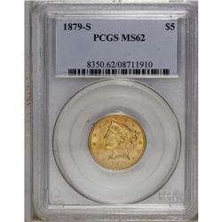 1879-S $5 MS62 PCGS. Solidly struck with lustrous yell 