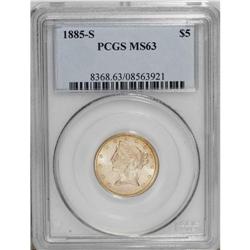 1885-S $5 MS63 PCGS. Predominantly yellow-gold with hi 