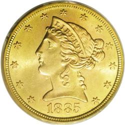 1885-S $5 MS65 PCGS. Impressive luster shimmers over t 