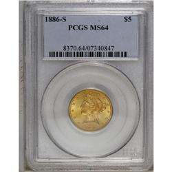 1886-S $5 MS64 PCGS. A solidly struck and minimally ma 