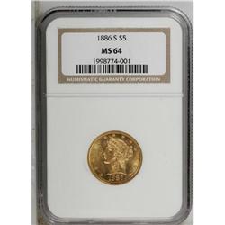 1886-S $5 MS64 NGC. A vibrant yellow-gold near-Gem tha 
