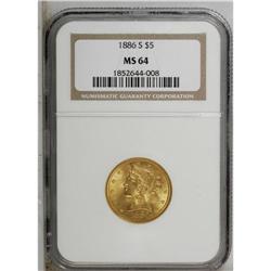 1886-S $5 MS64 NGC. A frosty peach-gold near-Gem that 
