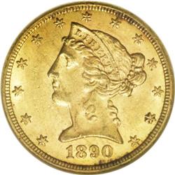 1890-CC $5 MS62 NGC. Well struck and satiny, with an e 