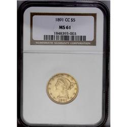 1891-CC $5 MS61 NGC. The strongly lustrous honey-gold 