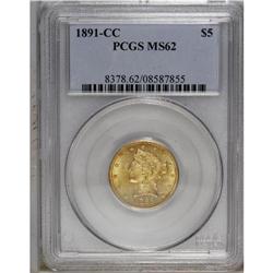 1891-CC $5 MS62 PCGS. A flashy lemon-yellow piece with 