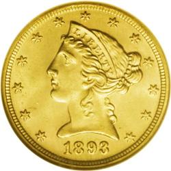 1893 $5 MS65 NGC. Appealing khaki-gold surfaces boast 