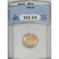 1899 $5 MS64 ANACS. Crisply struck and frosty. This pe 