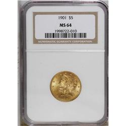 1901 $5 MS64 NGC. A charming yellow-gold piece with de 