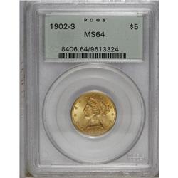 1902-S $5 MS64 PCGS. Dashes of orange toning overlie t 