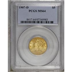 1907-D $5 MS64 PCGS. The yellow-orange surfaces have p 