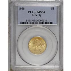 1908 $5 MS64 PCGS. A solidly struck yellow-orange piec 