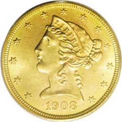 1908 $5 MS65 PCGS. This is a well balanced Gem that is 