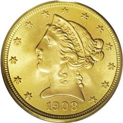 1908 $5 MS66 PCGS. This is the final issue of the Libe 