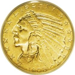 1908-D $5 MS64 PCGS. Deep sunset-orange patination gra 