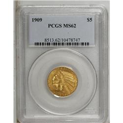 1909 $5 MS62 PCGS. Rose accents appear at the peripher 