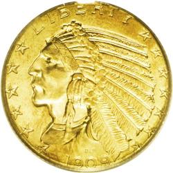 1909 $5 MS63 PCGS. Golden-orange toning drapes the obv 