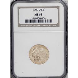 1909-D $5 MS62 NGC. An attractive orange-gold piece wi 