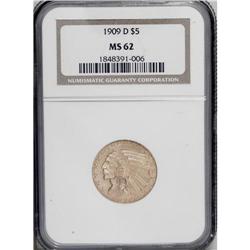 1909-D $5 MS62 NGC. This wheat-gold example has soft, 