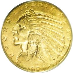 1909-D $5 MS63 PCGS. Bright peach and pastel green ton 