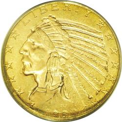 1909-D $5 MS63 PCGS. Orange and lime-green alternate a 