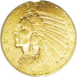 1909-D $5 MS64 PCGS. An exquisitely struck type repres 